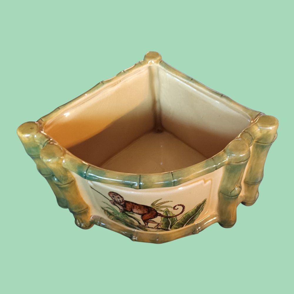 Ceramic Corner Planter with Monkey and Bamboo Design